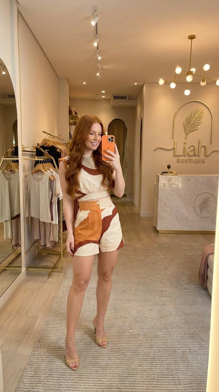 Anne com conjunto estampado em boutique de moda