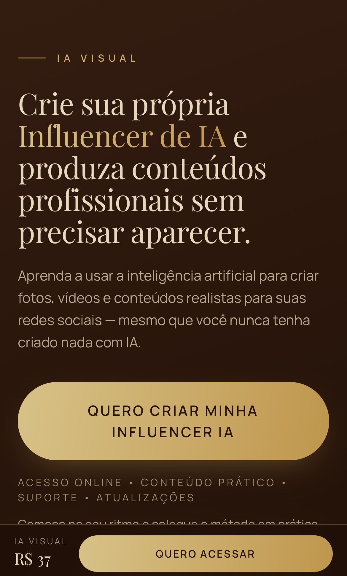Página de vendas do curso Crie sua própria Influencer de IA