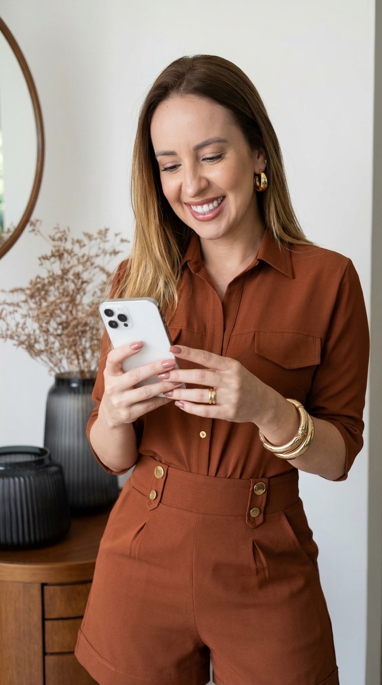 Foto da criadora sorrindo com o celular nas mãos