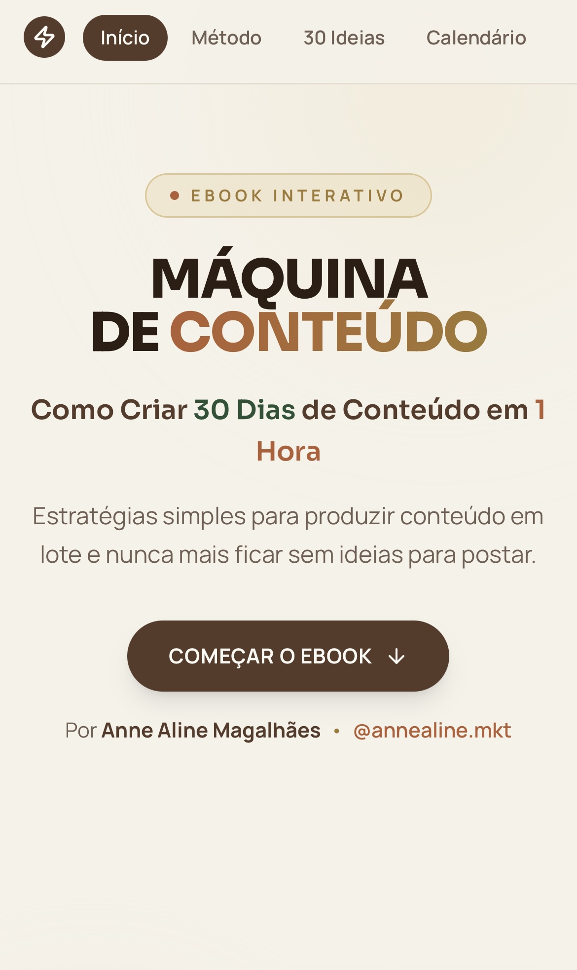 E-book interativo Máquina de Conteúdo, com navegação por seções e botão de início